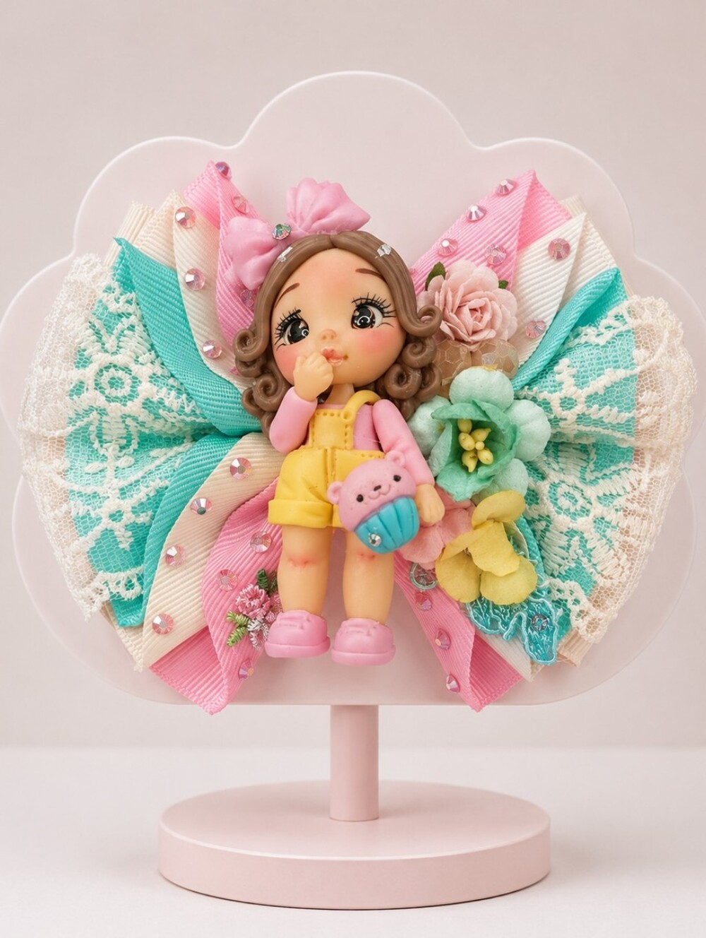 Handmade Pastel Pink & Aqua Doll Bow Hair Clip for Women and Girls